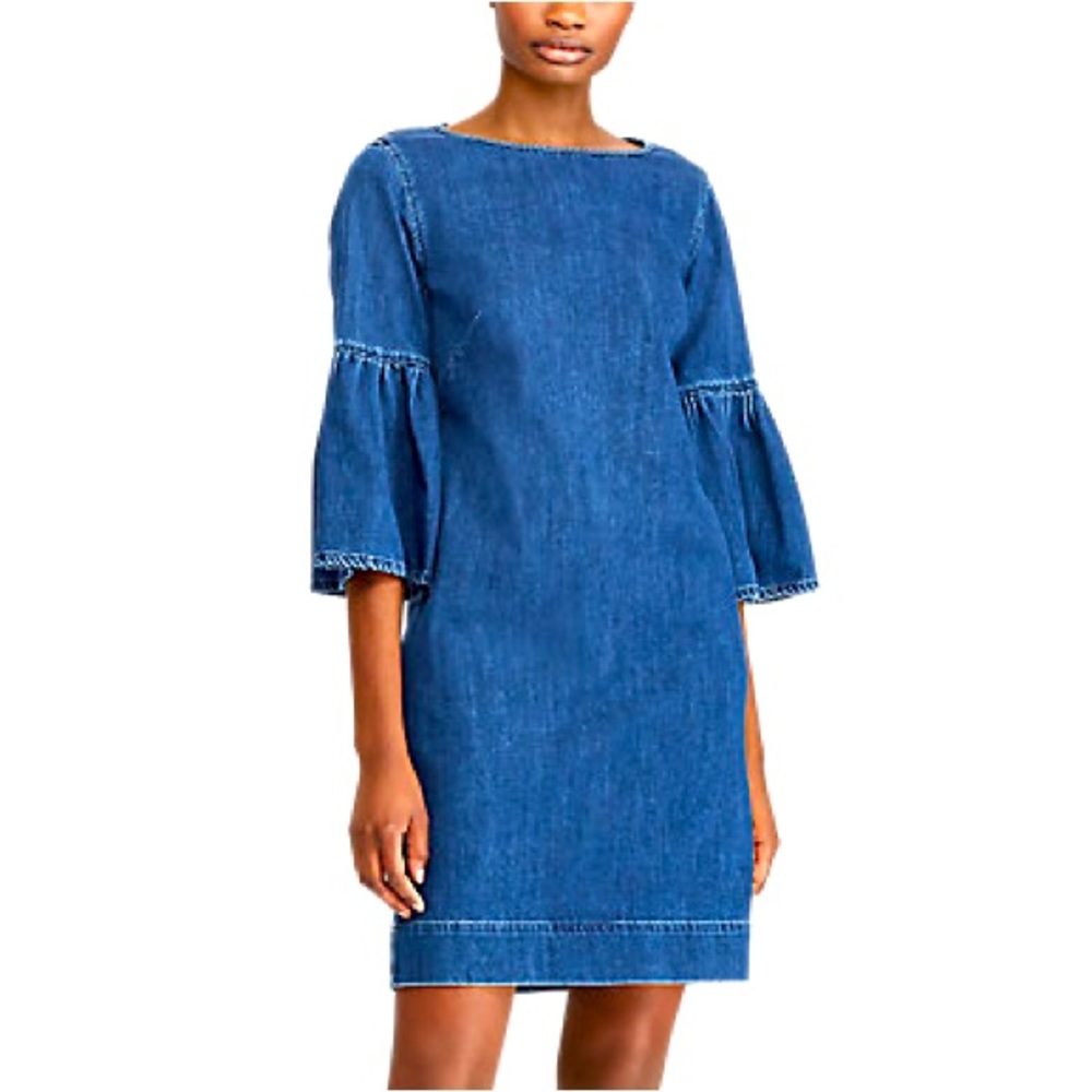 Ralph Lauren Women Denim Bell-Sleeve Shift Mini Dress Blue Size 6 Flounce - Picture 1 of 15